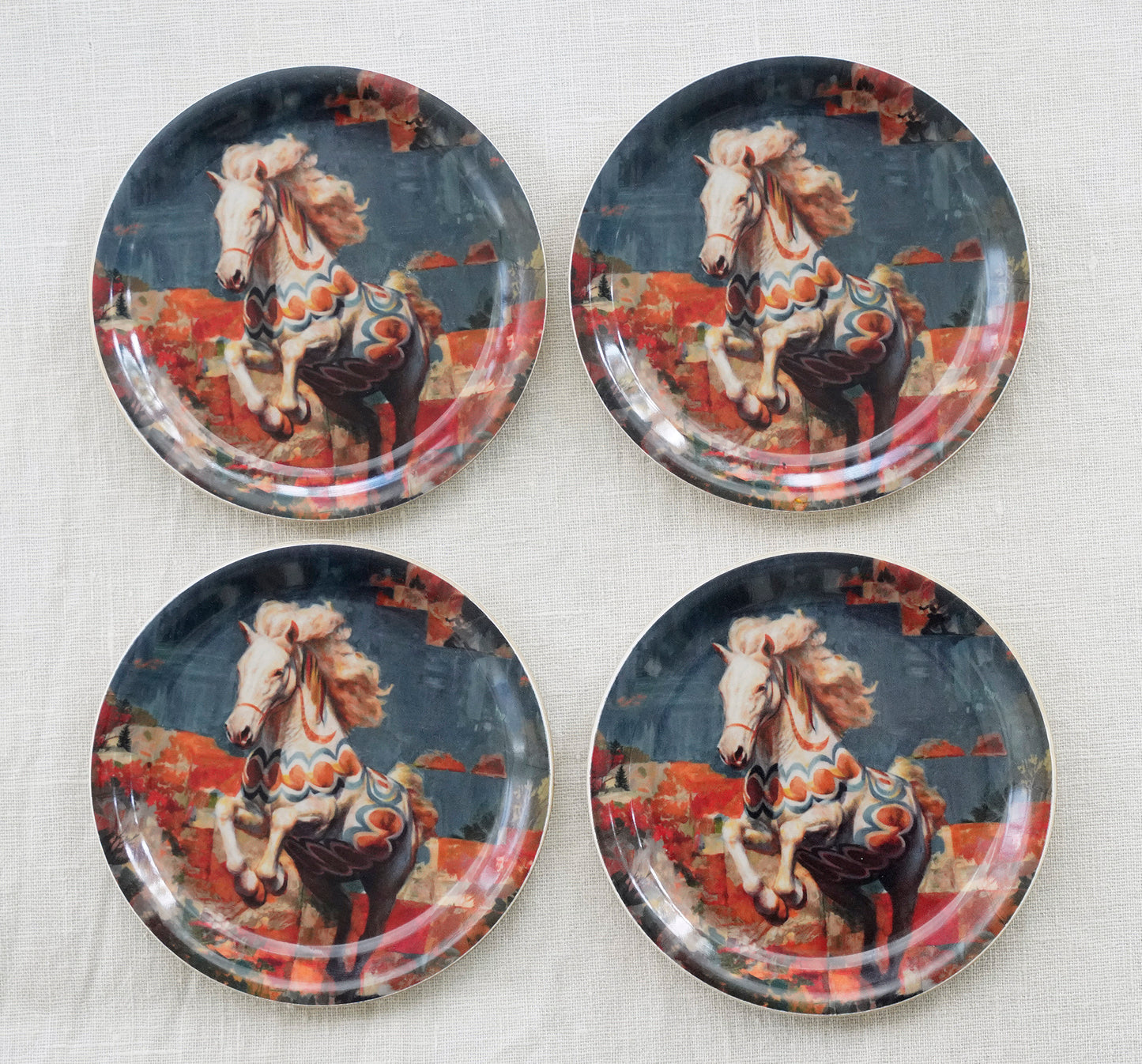 4x Coaster – ”Prancing Horse White” environmentally friendly wood and eucalyptus veneer