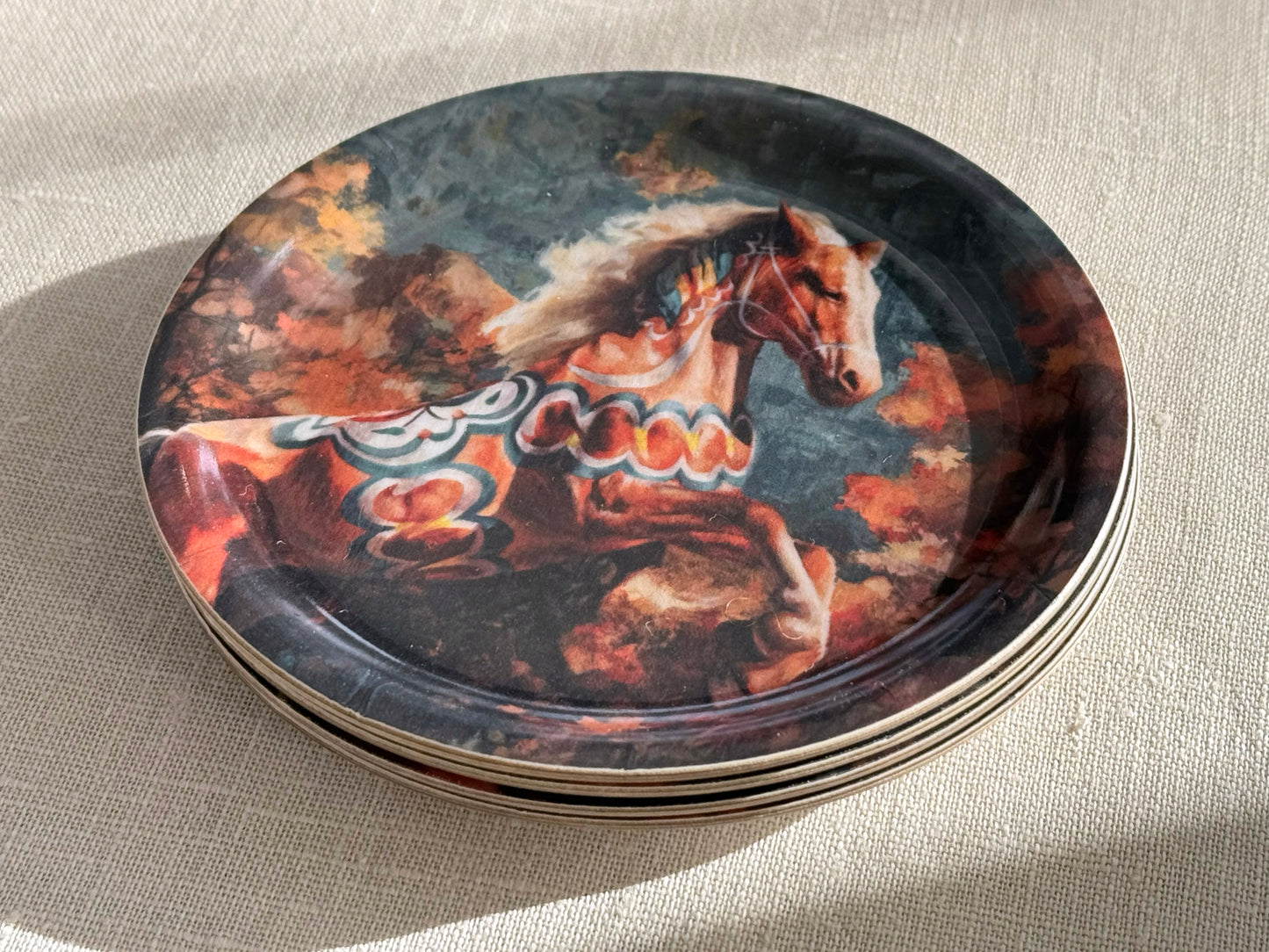4x Coaster – ”Prancing Horse Orange” environmentally friendly wood and eucalyptus veneer