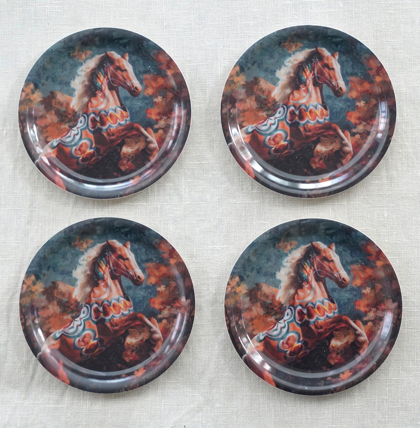 4x Coaster – ”Prancing Horse Orange” environmentally friendly wood and eucalyptus veneer